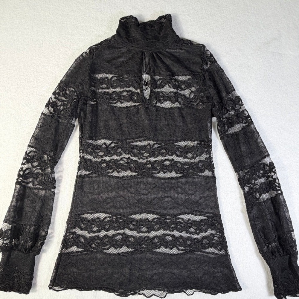 Black Sheer Floral Lace Mock Neck Long Sleeve Blouse Keyhole Mesh Top - Picture 3 of 15